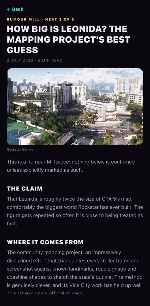 A Rumour Mill piece with its heat rating and unconfirmed-by-design banner