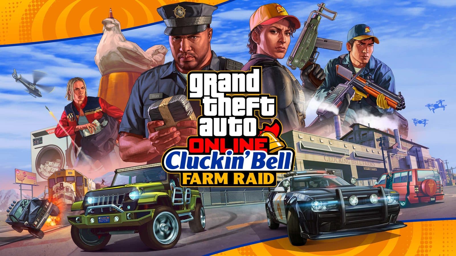 Official Cluckin' Bell Farm Raid artwork of the Paleto Bay factory