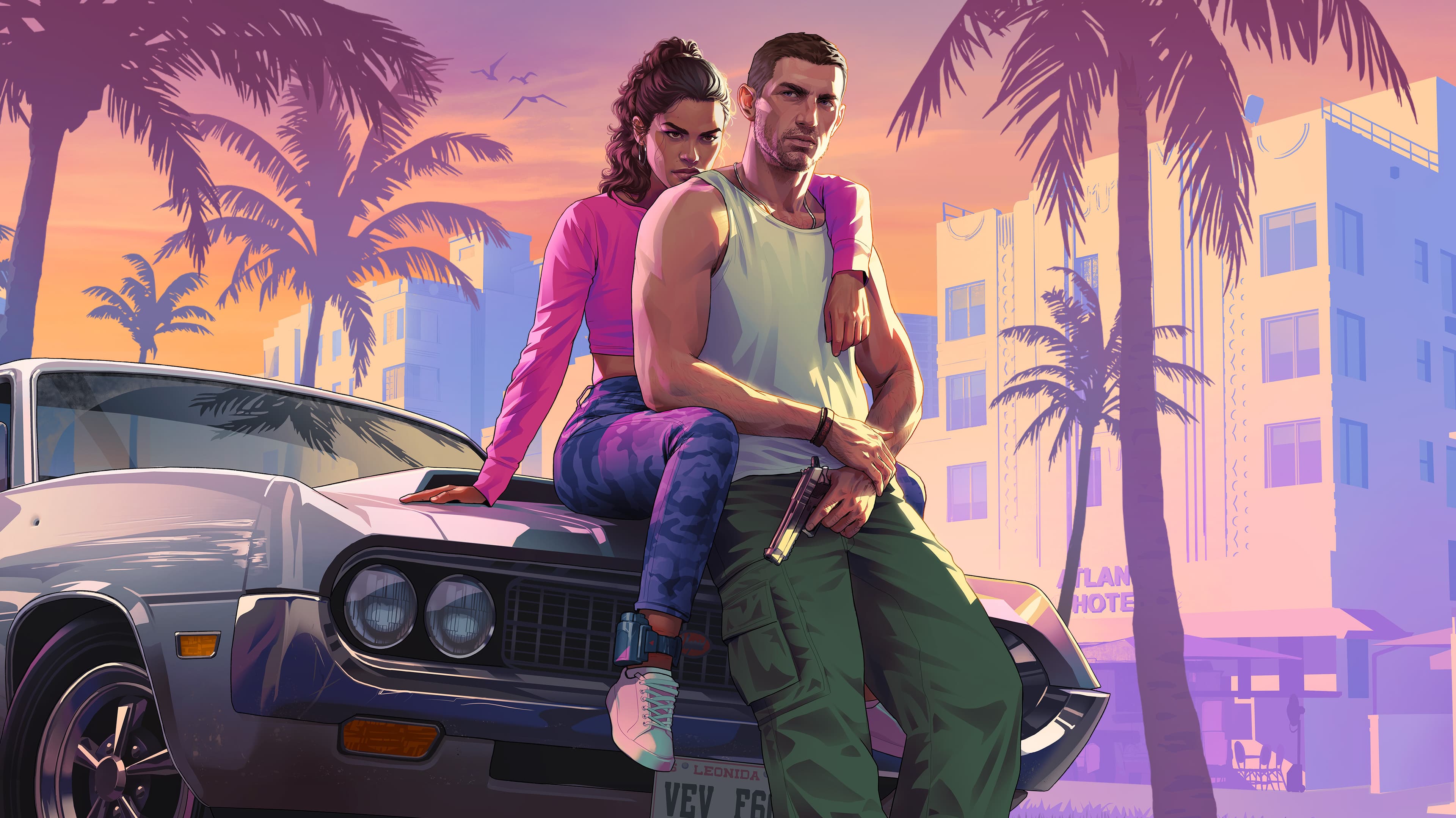 Two characters leaning against a vintage car with tropical cityscape and palm trees at sunset