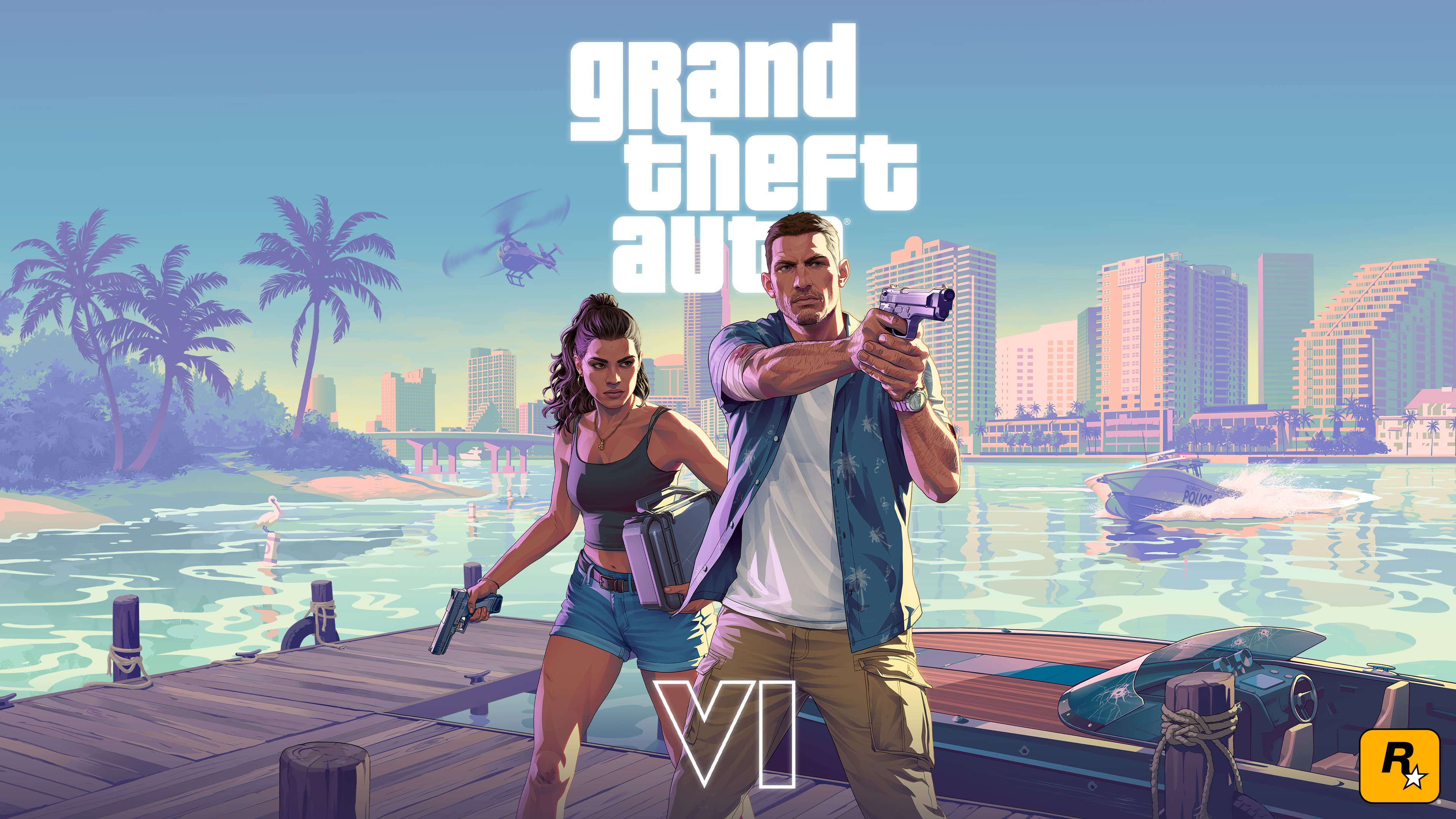 GTA 6 key art showing male and female characters armed on a waterfront dock with Miami skyline backdrop at dusk