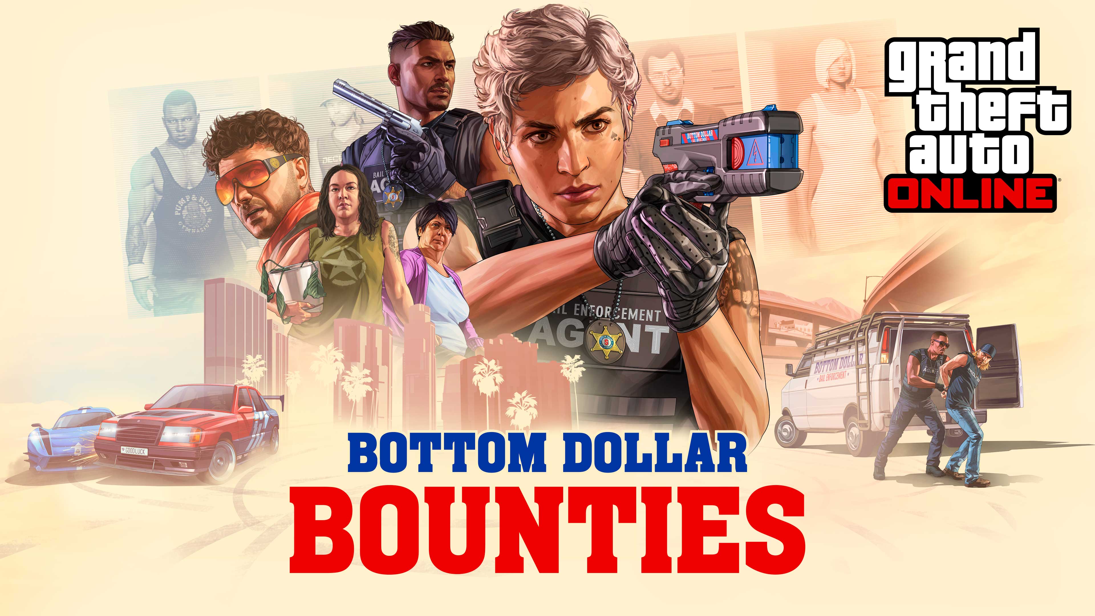 Bottom Dollar Bounties key art with a bail enforcement agent holding a stun gun
