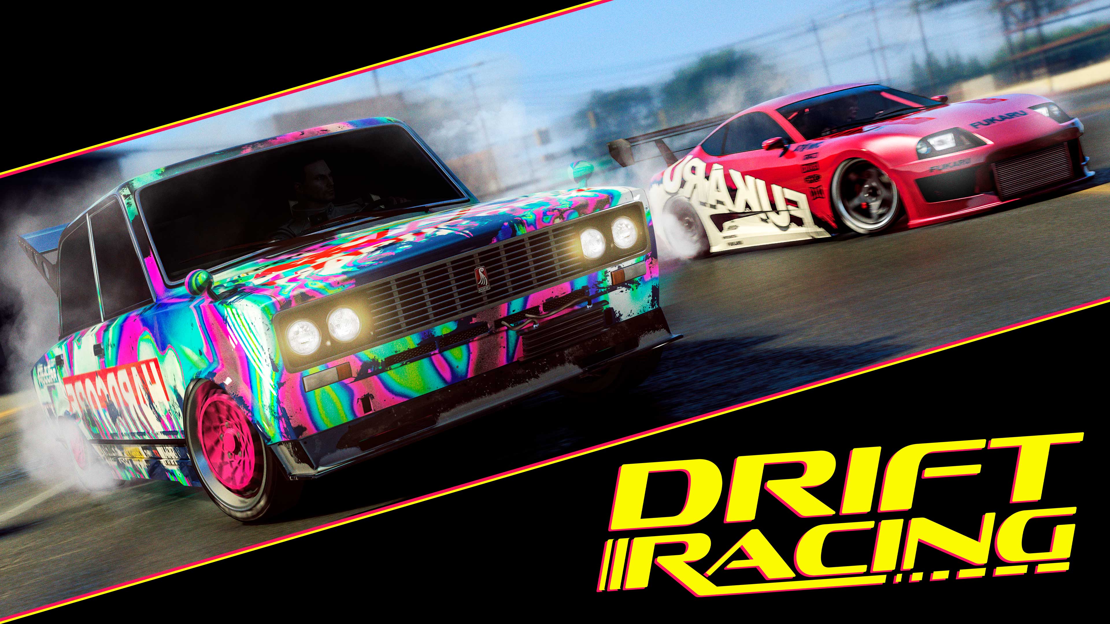 Two liveried drift cars sliding side by side in GTA Online