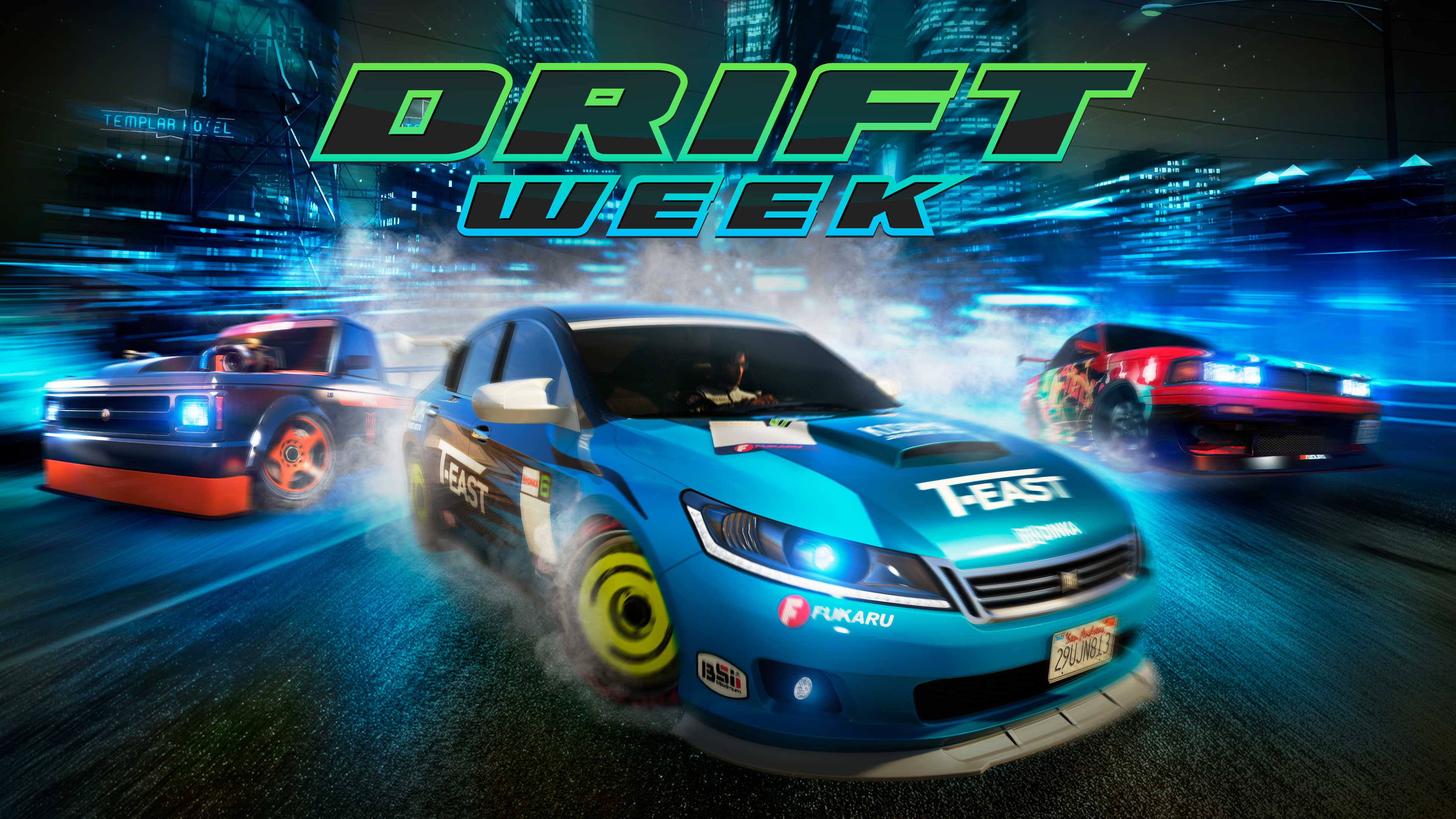 Three drift cars sliding through a neon Los Santos street under the Drift Week logo