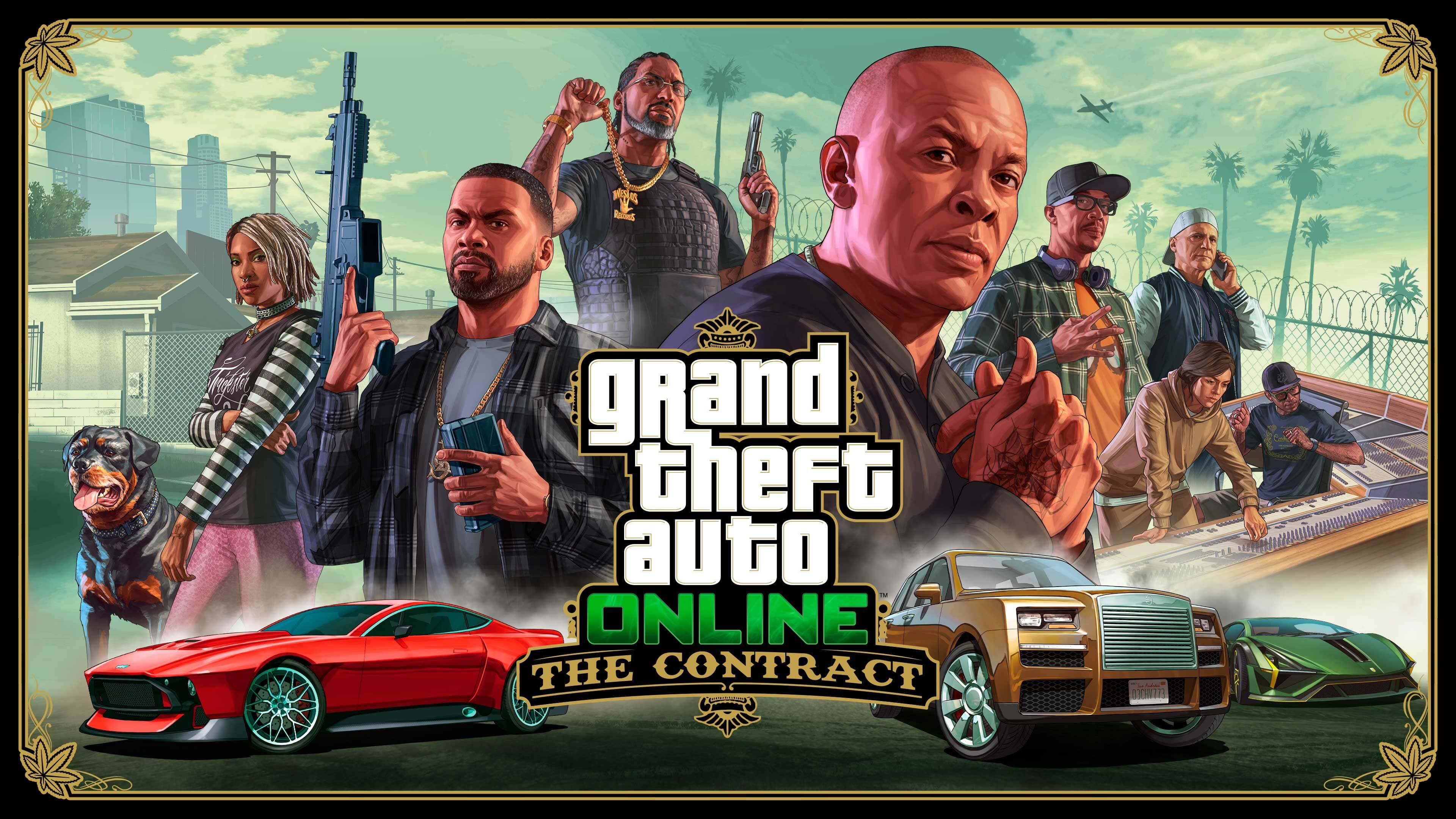GTA Online The Contract key art featuring Franklin Clinton, Dr. Dre, Lamar, Imani and Chop