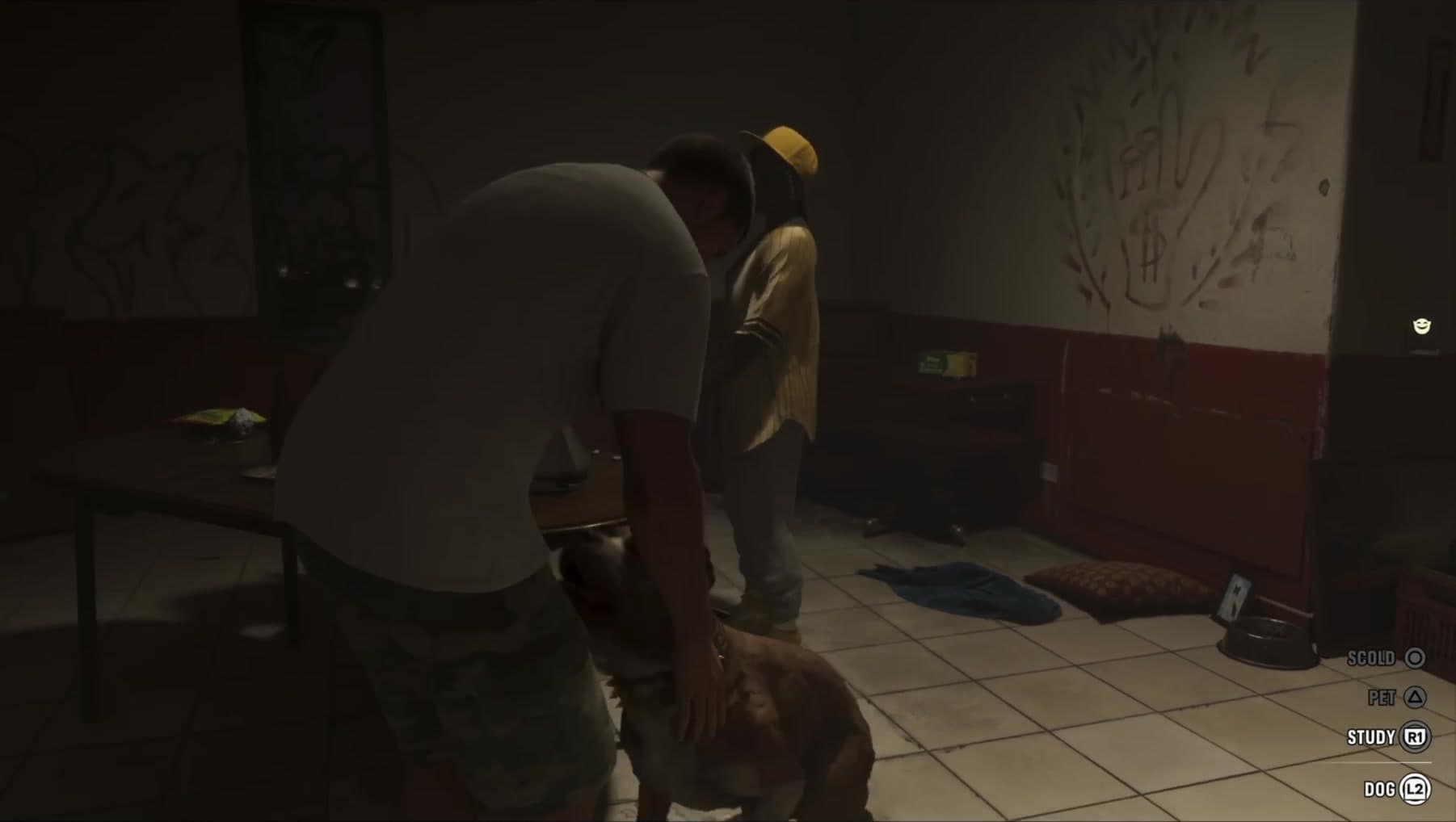 Jason pets the corridor dog beside SCOLD, PET and STUDY prompts and a separate DOG target label