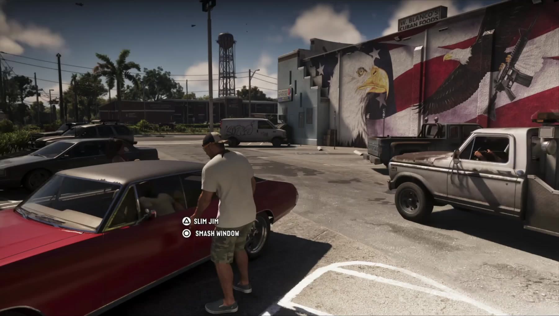 Jason weighs the slim jim or smash window choice at the red convertible beneath the eagle mural