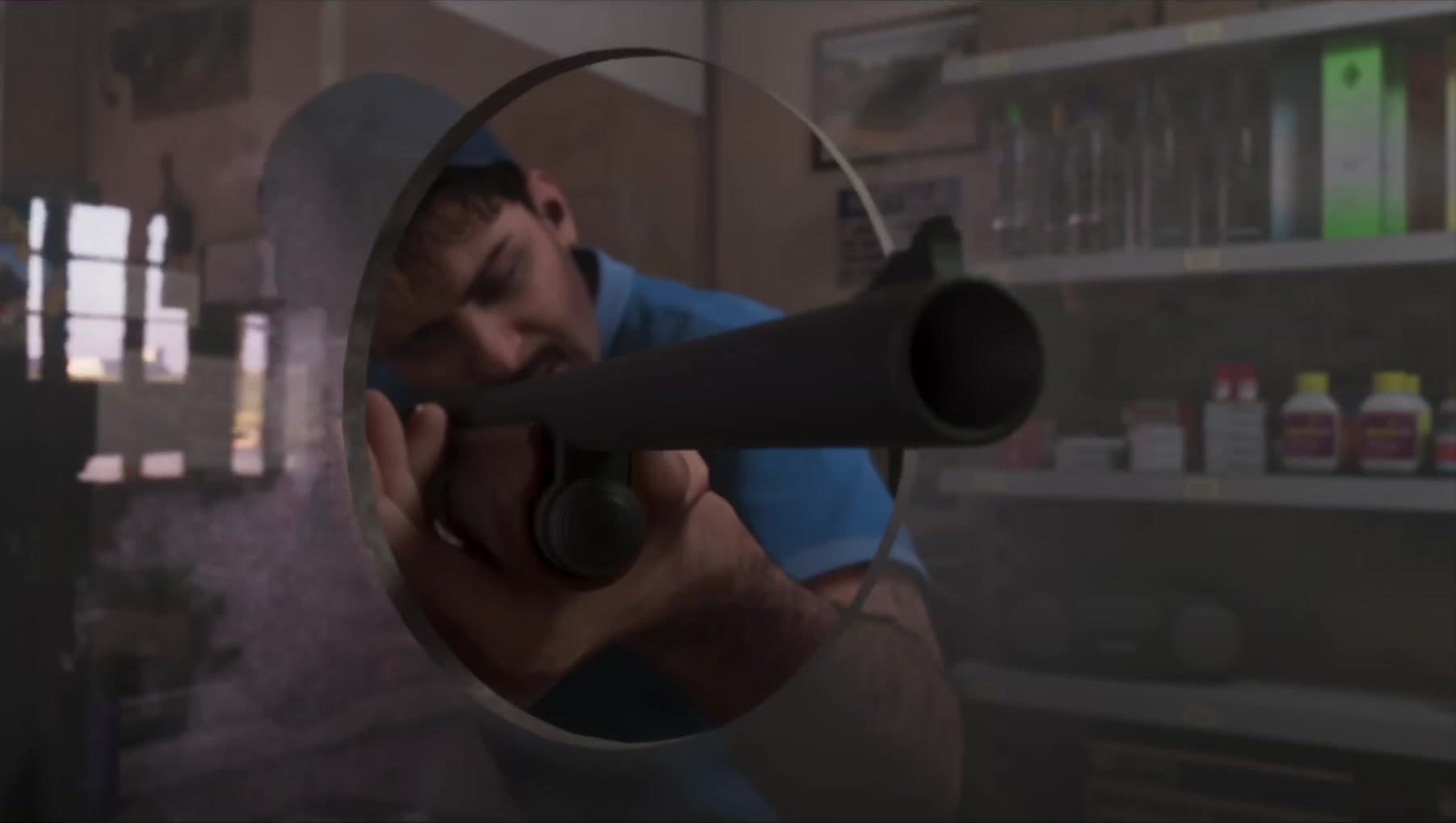 Jason racks a shotgun framed in a truck wing mirror outside the Good Mart