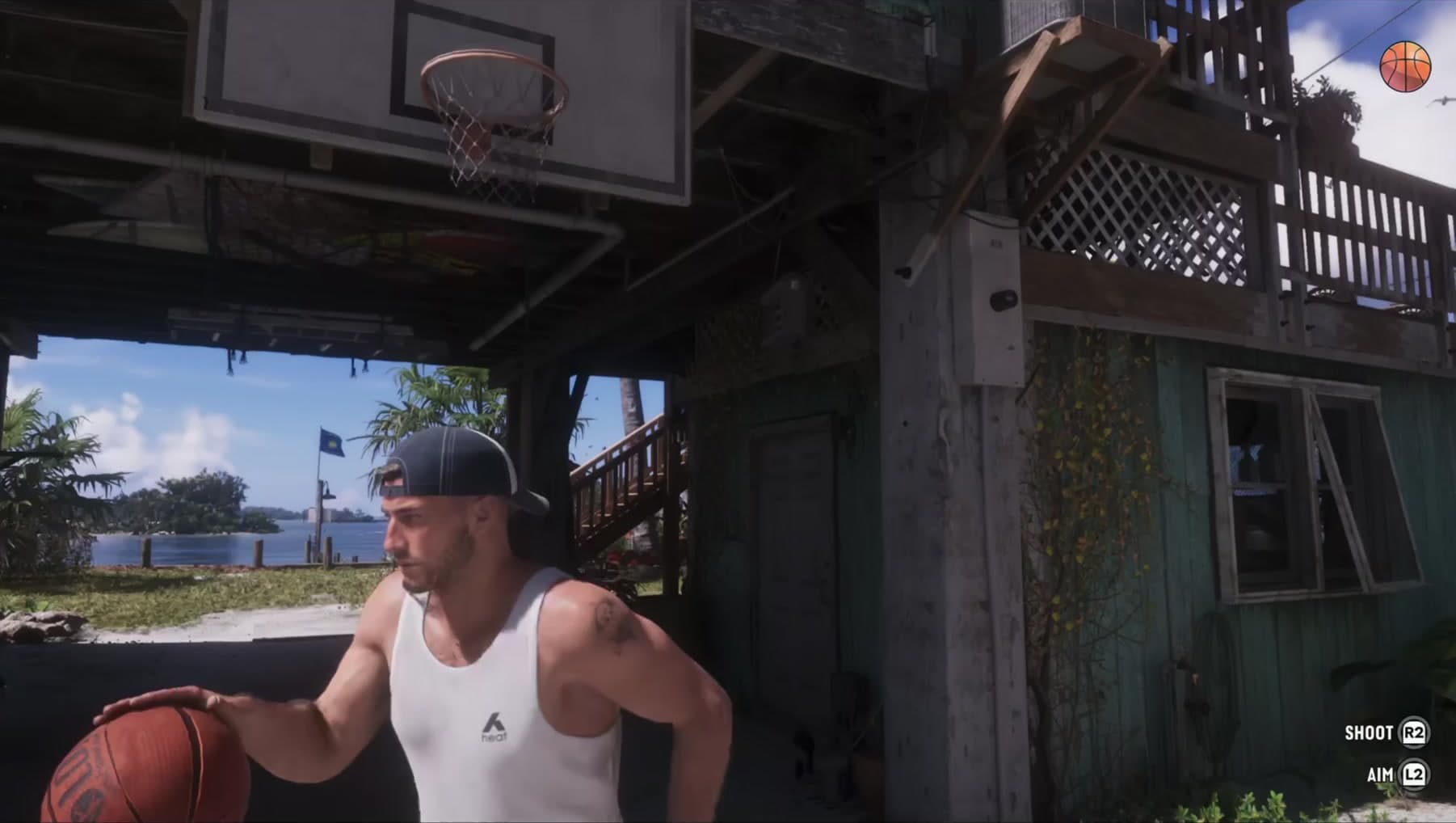 Jason lines up a shot at a yard hoop with shoot and aim prompts on screen