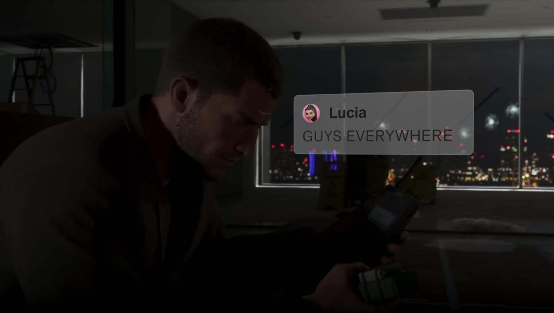Lucias message with her memoji avatar floats over Jason as he reads his phone mid raid