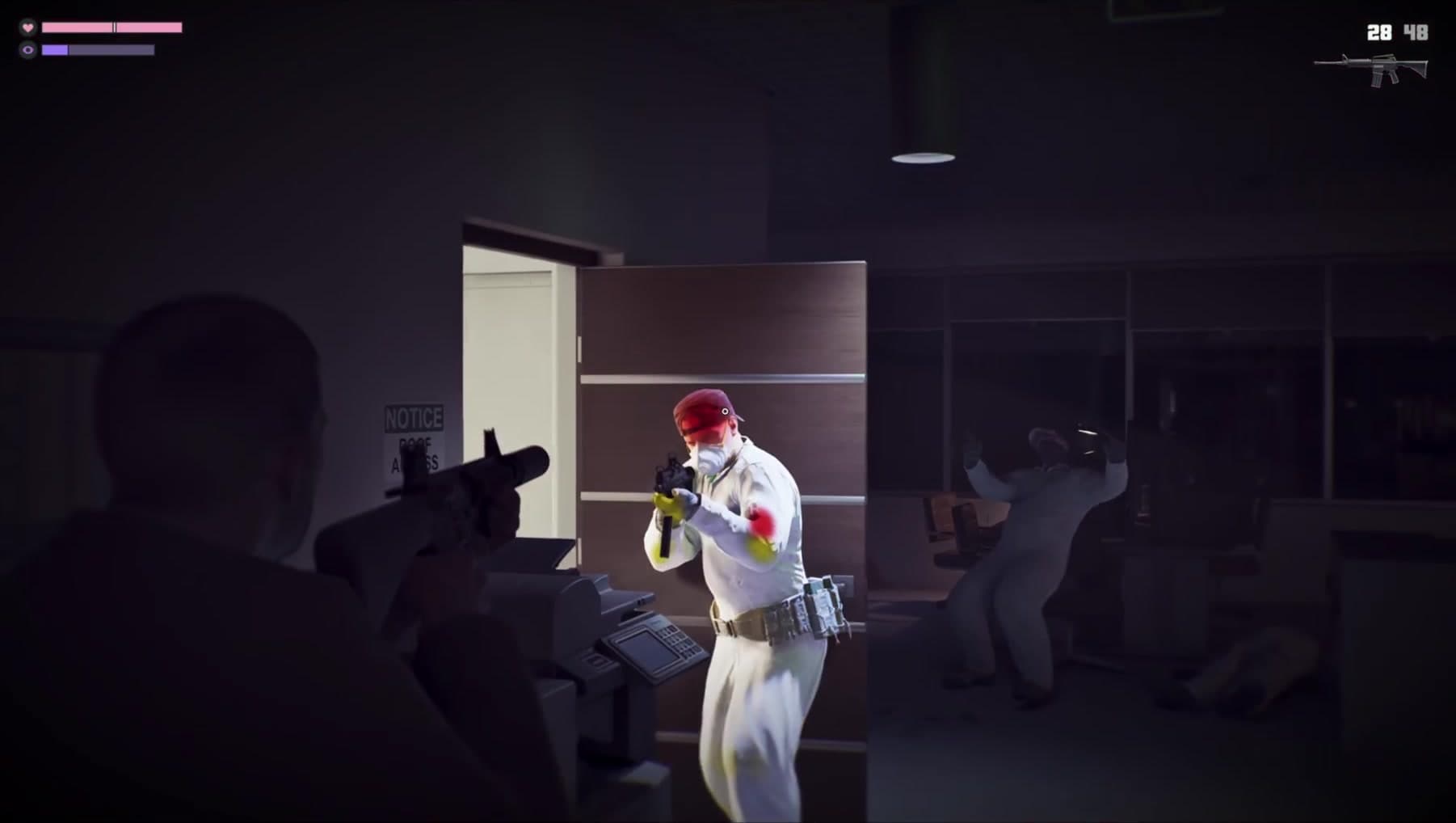 The beret raider fires through the doorway with red and yellow hit markers on his body